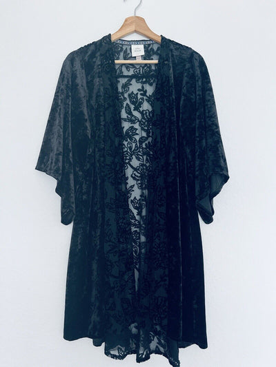 KNOX ROSE Floral Velvet Kimono Sz M/L Flocked Burnout Witchy Whimsigoth Boho