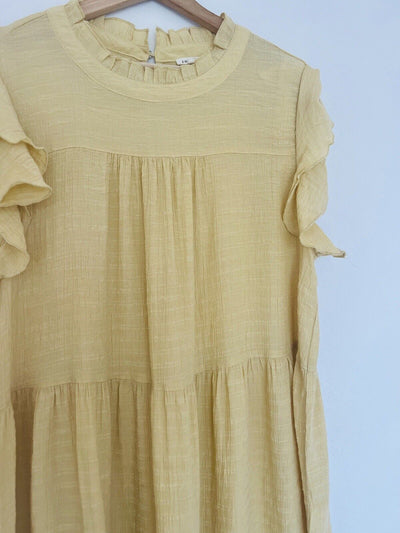 JODIFL Tiered Frilly Tunic Dress Sz 2X Mustard Color Ruffle Sleeves Collar Boho