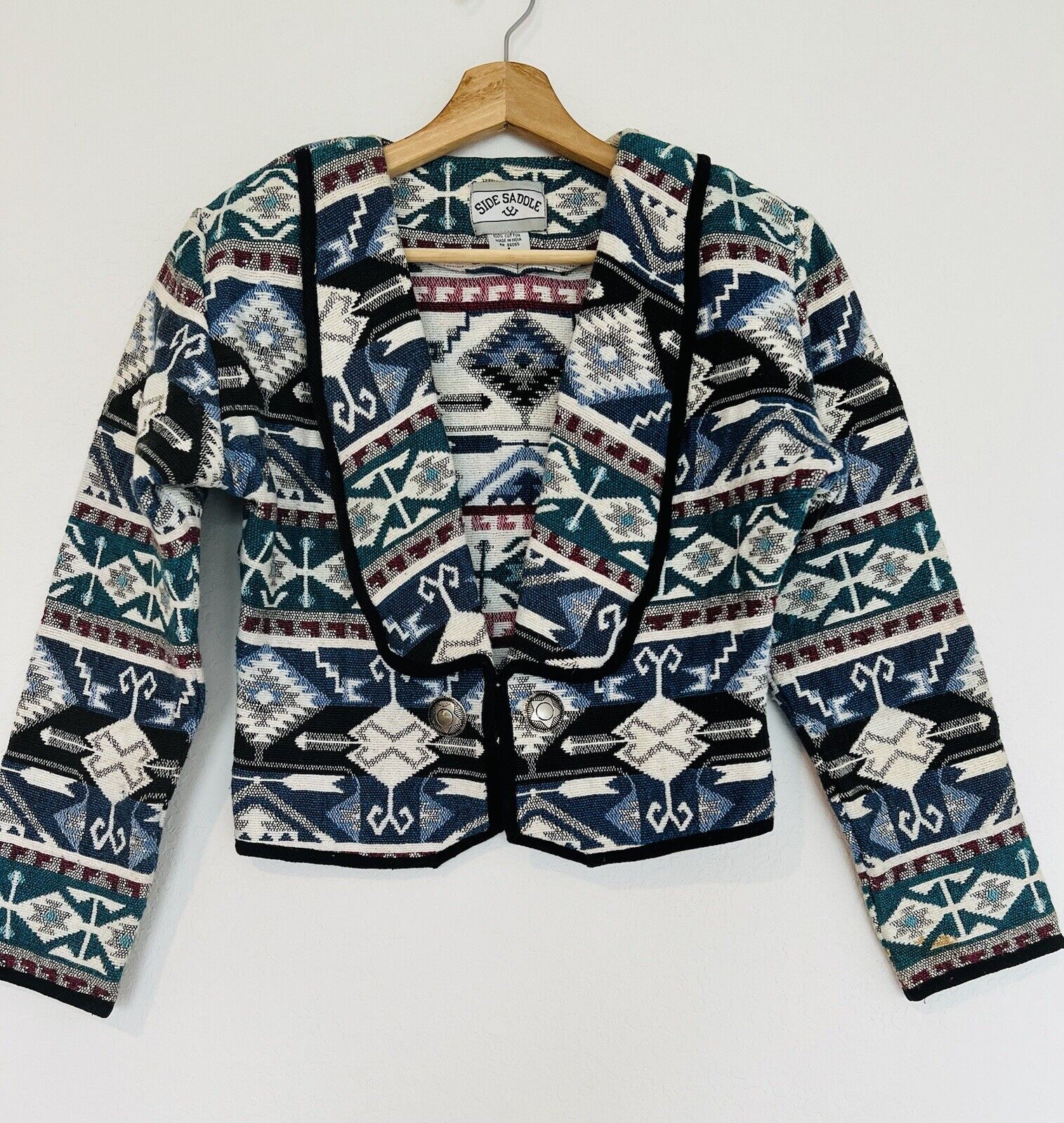 SIDE SADDLE Vintage Aztec Heavy Woven Jacket Sz S Southwestern Cropped Boho