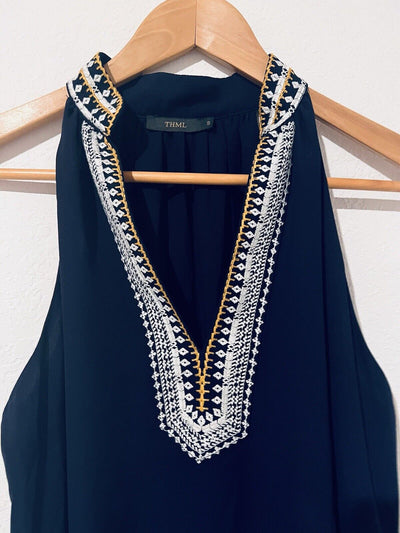 THML Womens Embroidered Navy Dress Sz S Sleeveless Knee Length