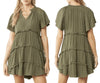 ENTRO Army Olive Green Tiered Tunic Dress Sz M Lined Ruffled V-Neck Boho