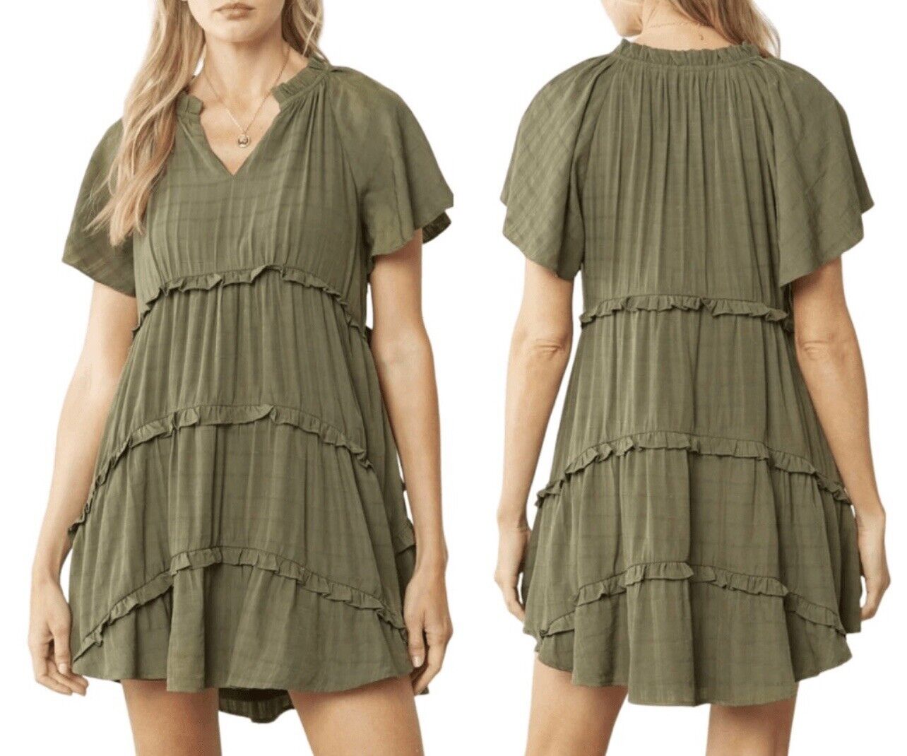 ENTRO Army Olive Green Tiered Tunic Dress Sz M Lined Ruffled V-Neck Boho