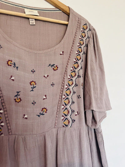 KNOX ROSE Embroidered Babydoll Tunic Blouse Sz XXL Flared Sleeve Flowy Boho