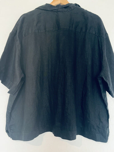 H&M Shirt Women XL Button Down Linen Boxy Pocket Black Minimalist