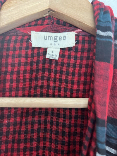 UMGEE Flannel Plaid Cardigan Sz L Open Waterfall Roll Tab Sleeves Boho Western