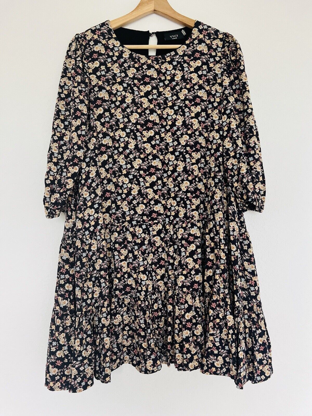 VICI 100% Rayon Floral Print Mini Dress Sz L Babydoll Tunic Lined Western Boho