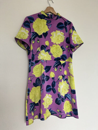 ASOS Purple/YellowFloral Dress Sz 10 High Neck Zip Back Short Sleeve