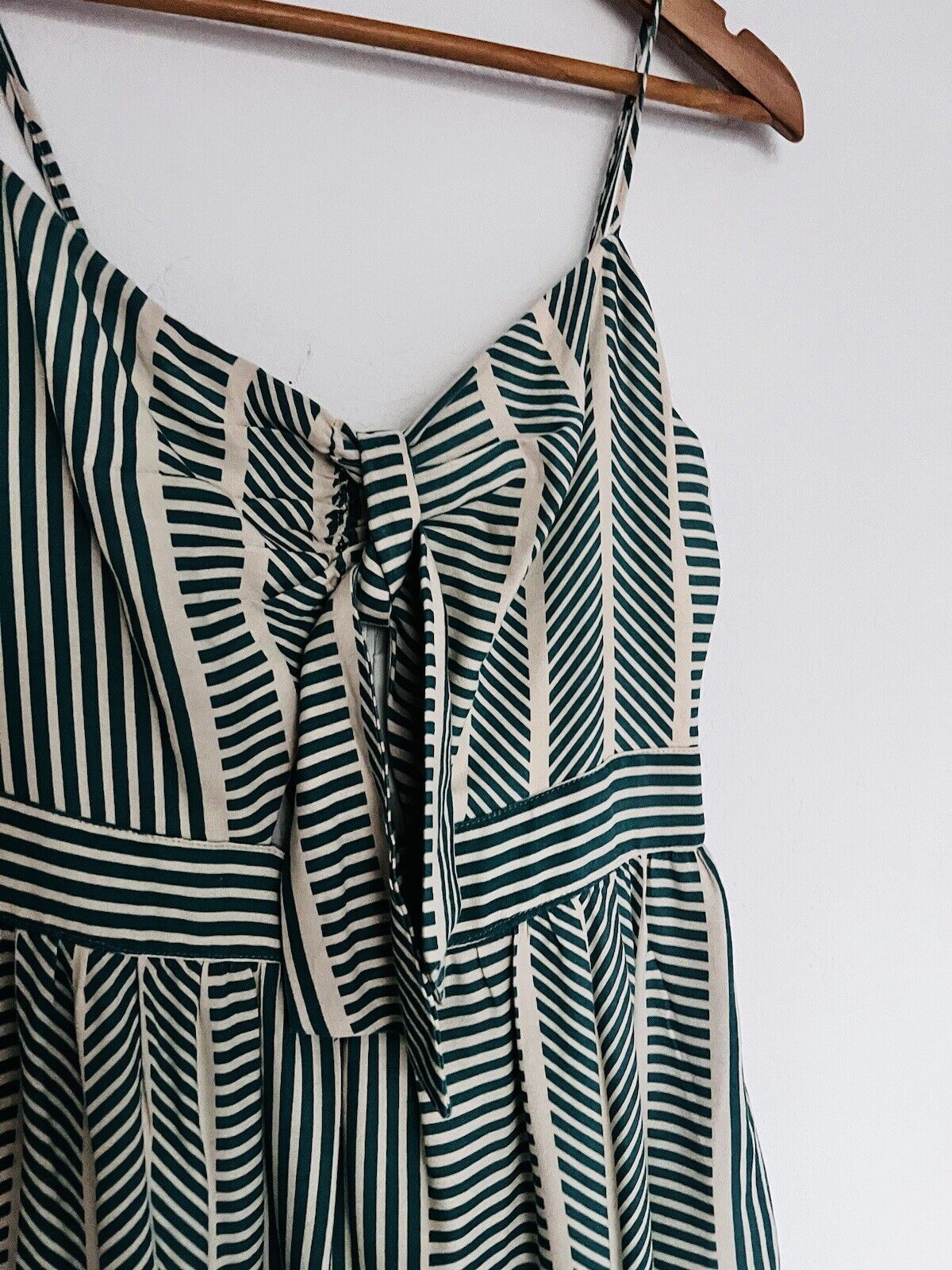 LUSH Womens Green Striped Dress Sz S Tie Front Midi Bow 100% Cotton