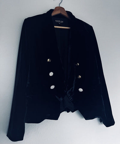 RACHEL ZOE Black Velvet Velour Blazer Sz L Double-Breasted Gold Accent Buttons