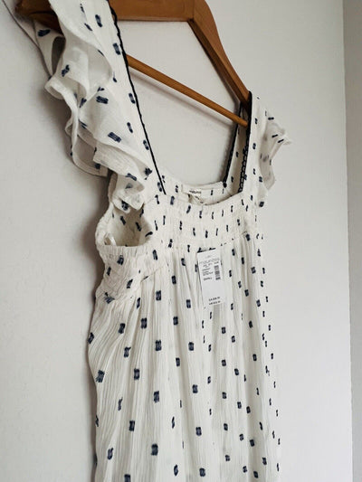 MAURICES NWT White Abstract Print Top Tank Sz S Crinkle Ruffle Sleeve Tunic