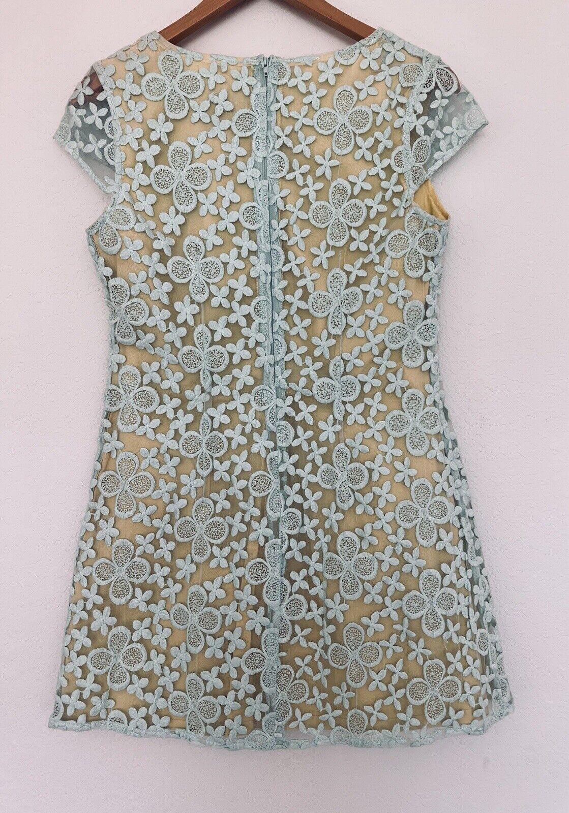 ANTHROPOLOGIE Nick & Mo Floral Blue Dress Sz S Lace Overlay 3/4 Sleeves Coquette
