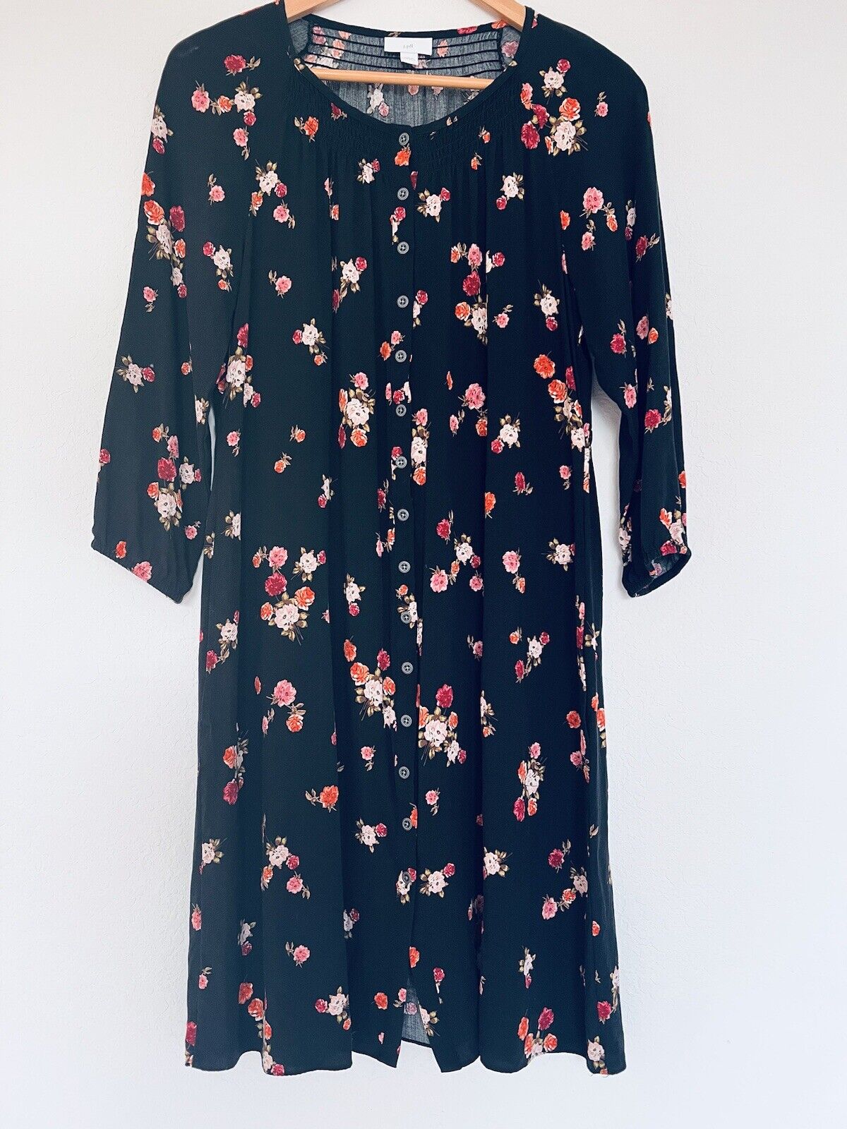 J. JILL Black Floral Tunic Dress Sz S Botton Down 3/4 Balloon Sleeves Pockets