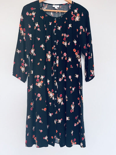 J. JILL Black Floral Tunic Dress Sz S Botton Down 3/4 Balloon Sleeves Pockets