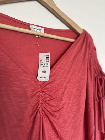 Ava & Viv NWT Coral Orange Ruched Shoulder Top Sz 26/28 Jersey Knit Stretch Top