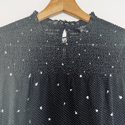 LUCKY BRAND Ditsy Floral Blouse Sz S Long Sleeve Black Smocked Neck Top Boho