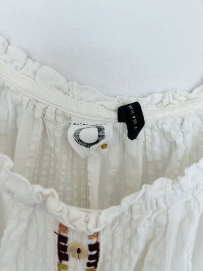 ANTHROPOLOGIE AKEMI + Kim Floral Embroidered Blouse Sz 6 Top Button Accents Boho