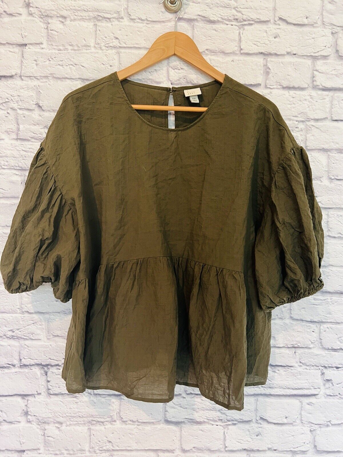 A NEW DAY Women Puff 3/4 Sleeve Pullover Blouse Sz XXL Olive Cotton Boho