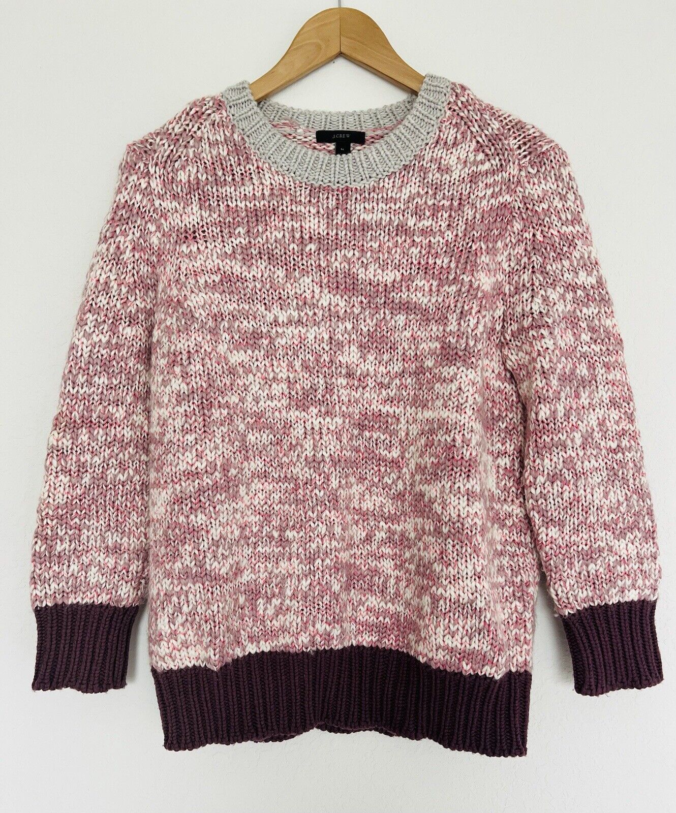 J. CREW Wool Blend Sweater Sz M Crewneck Pink 3/4 Sleeves