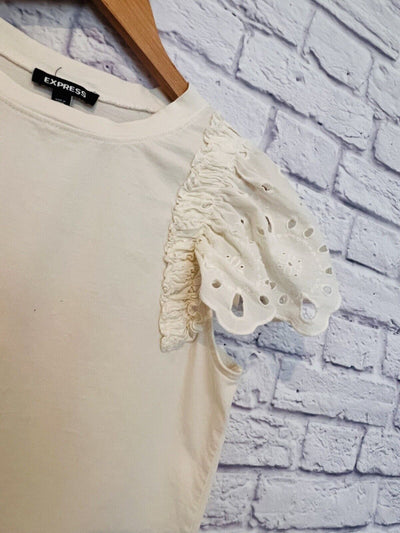 EXPRESS Womens Ivory Top Small Puff Eyelet Sleeves Boho 100% Cotton
