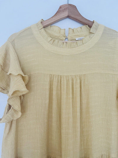 JODIFL Tiered Frilly Tunic Dress Sz 2X Mustard Color Ruffle Sleeves Collar Boho