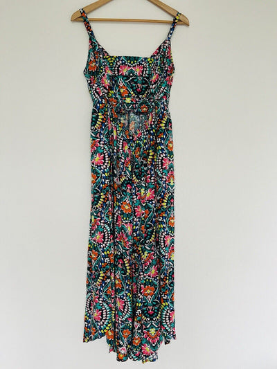 OLD NAVY Midi Floral Multi-Color Dress L Back Hi-Low Hem Smock Empire Waist