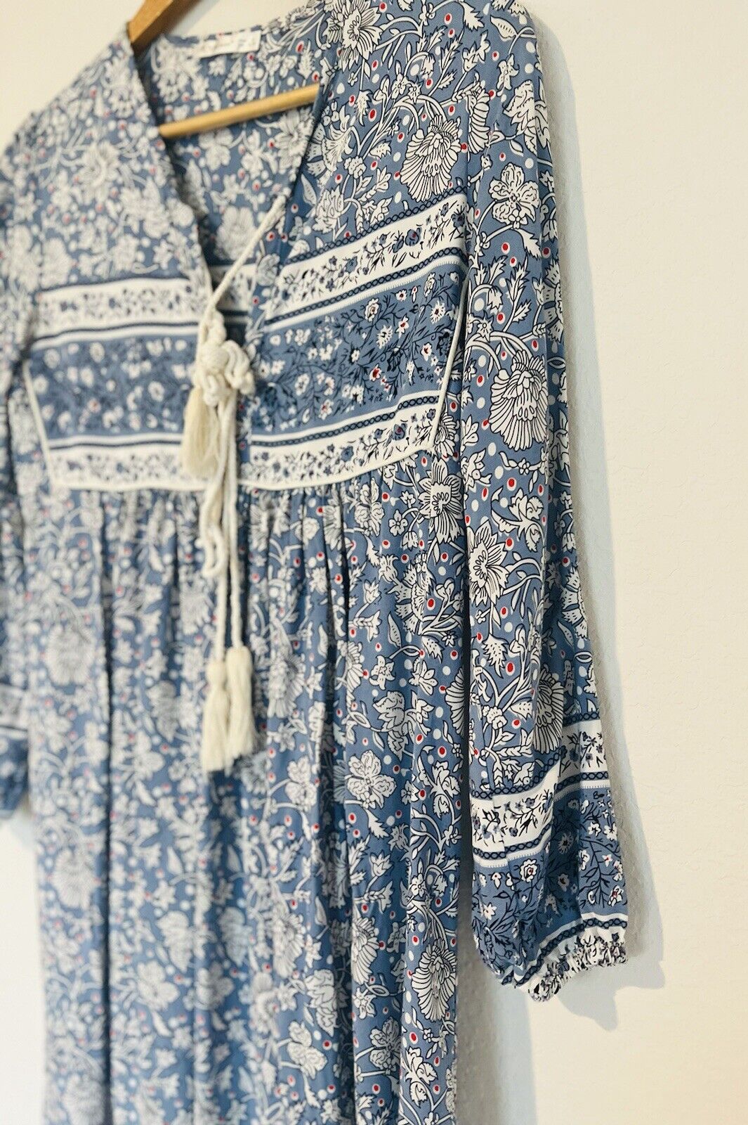 R.Vivimos Boho Dress Long Sleeve Tassel Midi Relaxed Fit Floral Blue Size S 4/6