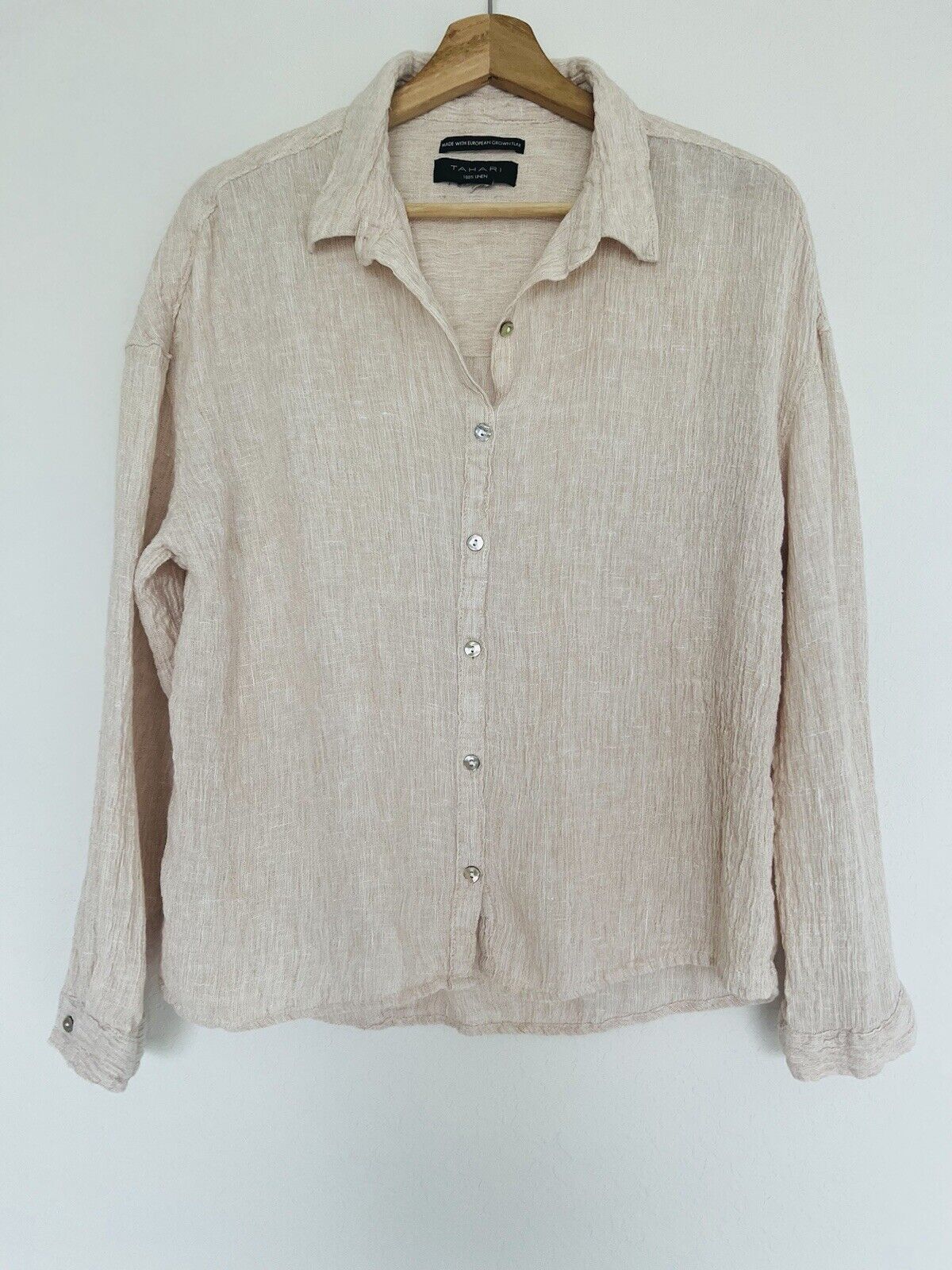 TAHARI 100% Linen Button Up Top Tan European Flax Lightweight Boxy Relaxed Boho