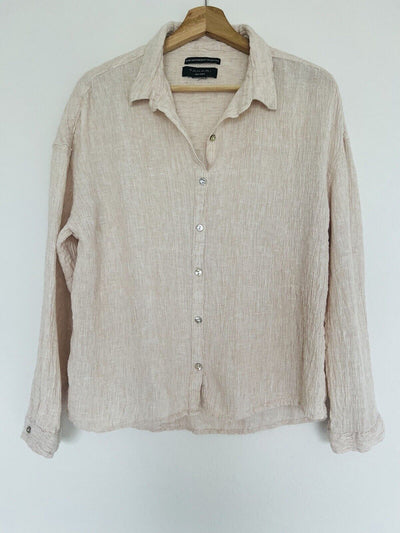 TAHARI 100% Linen Button Up Top Tan European Flax Lightweight Boxy Relaxed Boho