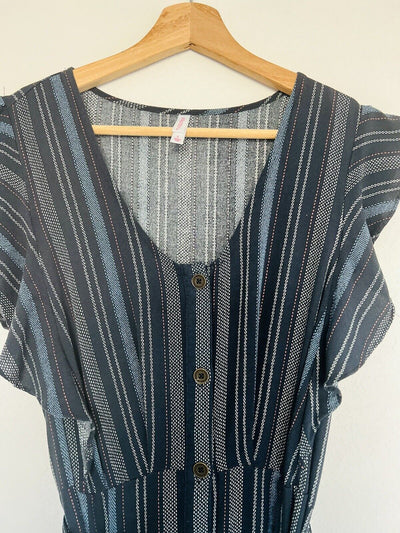 Xhilaration Striped Spring Dress Sz L Blue With Pockets Tie Waist Midi Boho