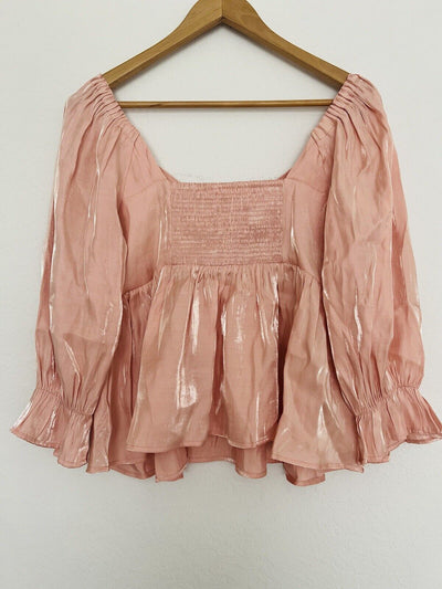 ENTRO Pink Iridescent Smocked Blouse 3/4 Bell Sleeve Babydoll Fairy Top Boho