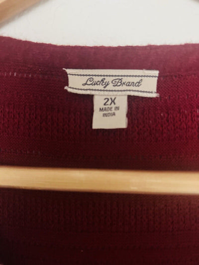 LUCKY BRAND Burgundy Sleeveless Top Sz XL Ornate Pattern Cotton Linen Blend Boho