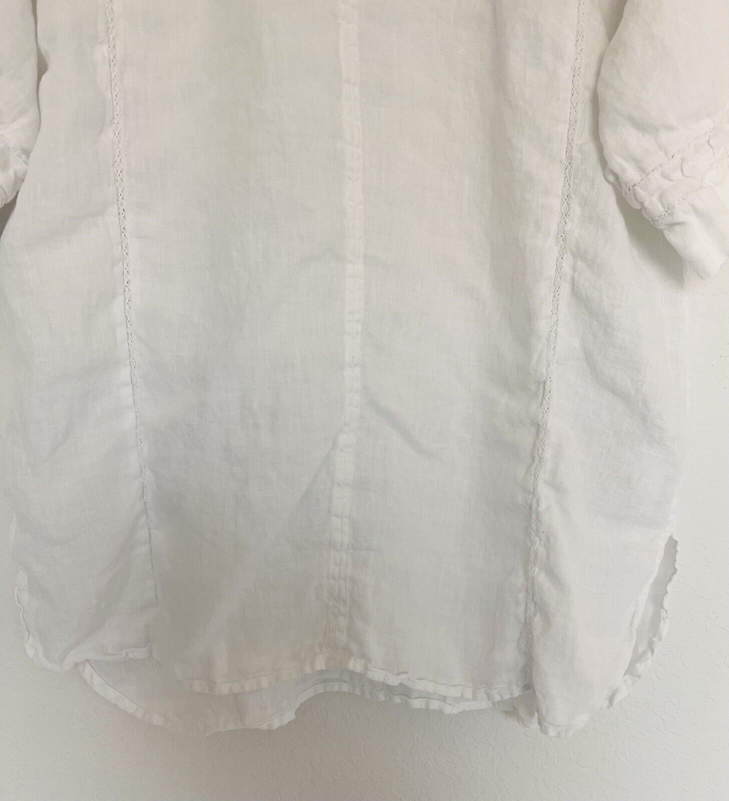 ZARA NWT 100% Linen Top Sz S White Lace Trim Short Sleeve Blouse V-Neck Tunic