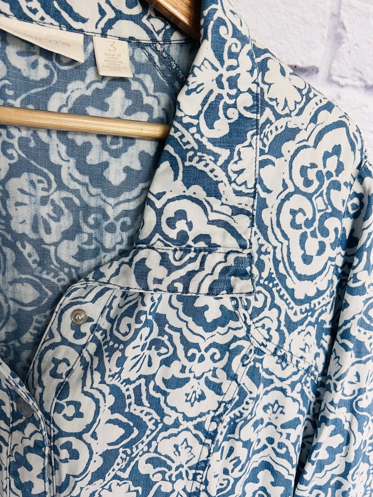 CHICOS Womens Snap Button Jacket Plus Sz 3 Pockets Paisley Blue Lyocell￼