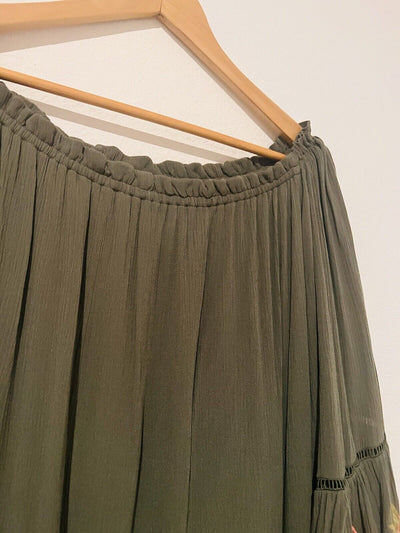 KNOX ROSE Olive Off The Shoulder Dress Sz L Embroidered 3/4 Bell Sleeve Boho