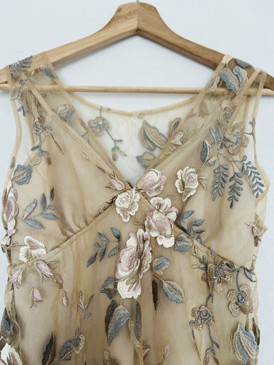 TUART Floral Lace Overlay Nude Bodysuit Sz M Pastel Blouse Embroidery Boho Fairy