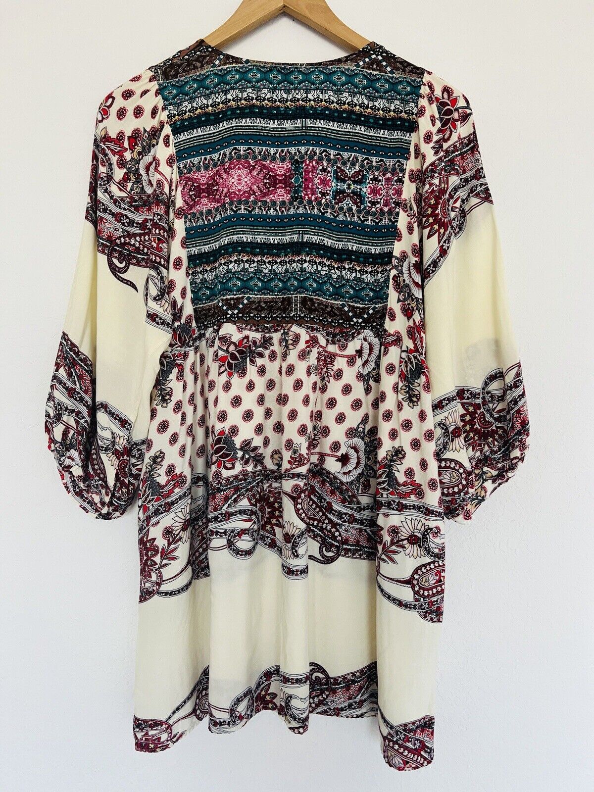 UMGEE Cream Floral Babydoll Dress Sz L Tassel Balloon Sleeves Crochet Tunic Boho
