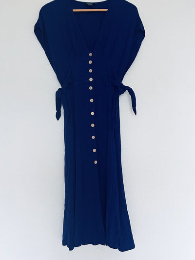FOREVER 21 Contemporary Button Down Royal Blue Dress Sz L Long Rayon