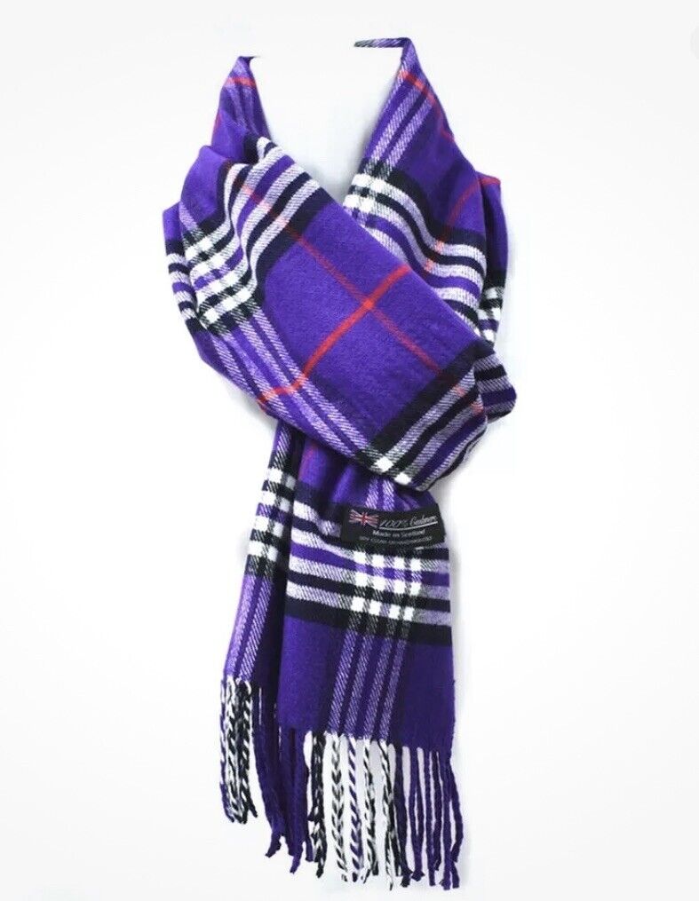 100% CASHMERE Purple Plaid Scarf Warm Fringe Scotland Made Unisex