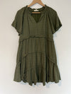 ENTRO Army Olive Green Tiered Tunic Dress Sz M Lined Ruffled V-Neck Boho