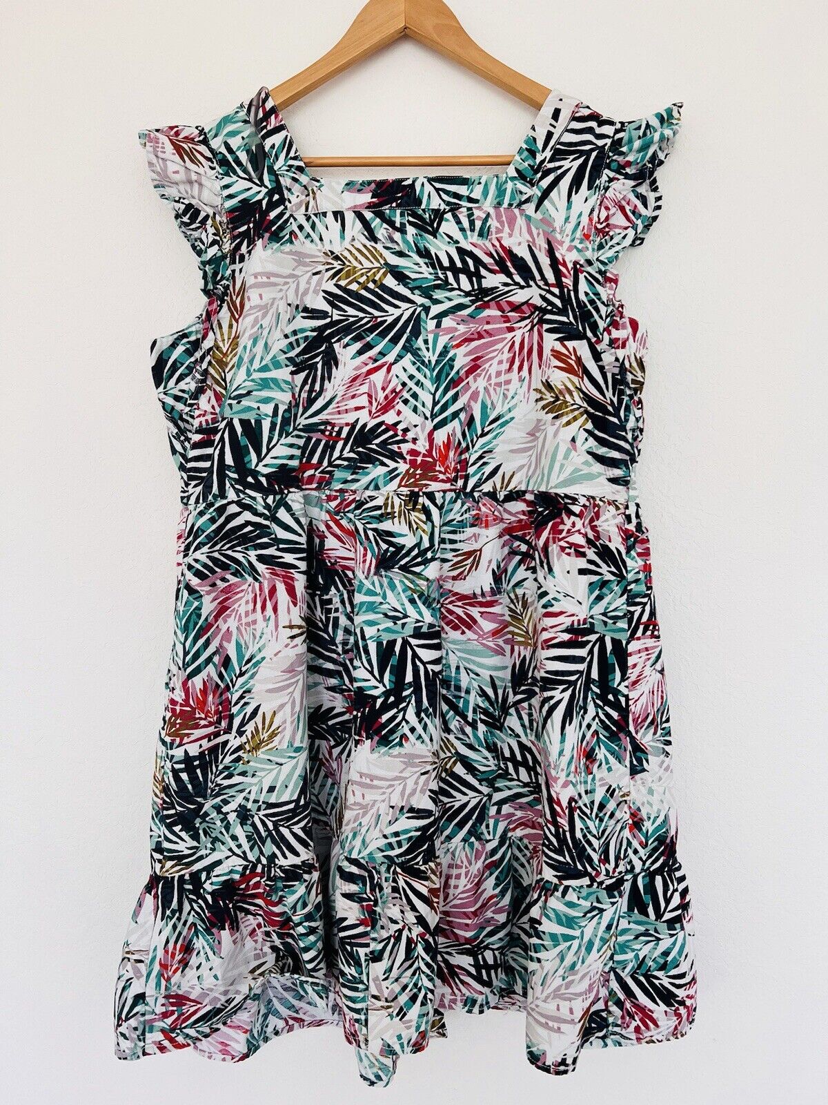 BEACHLUNCHLOUNGE Linen Blend Dress Sz XL Hawaiian Palm Tiered Botton Up Travel