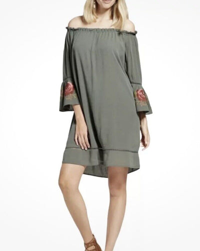 KNOX ROSE Olive Off The Shoulder Dress Sz L Embroidered 3/4 Bell Sleeve Boho