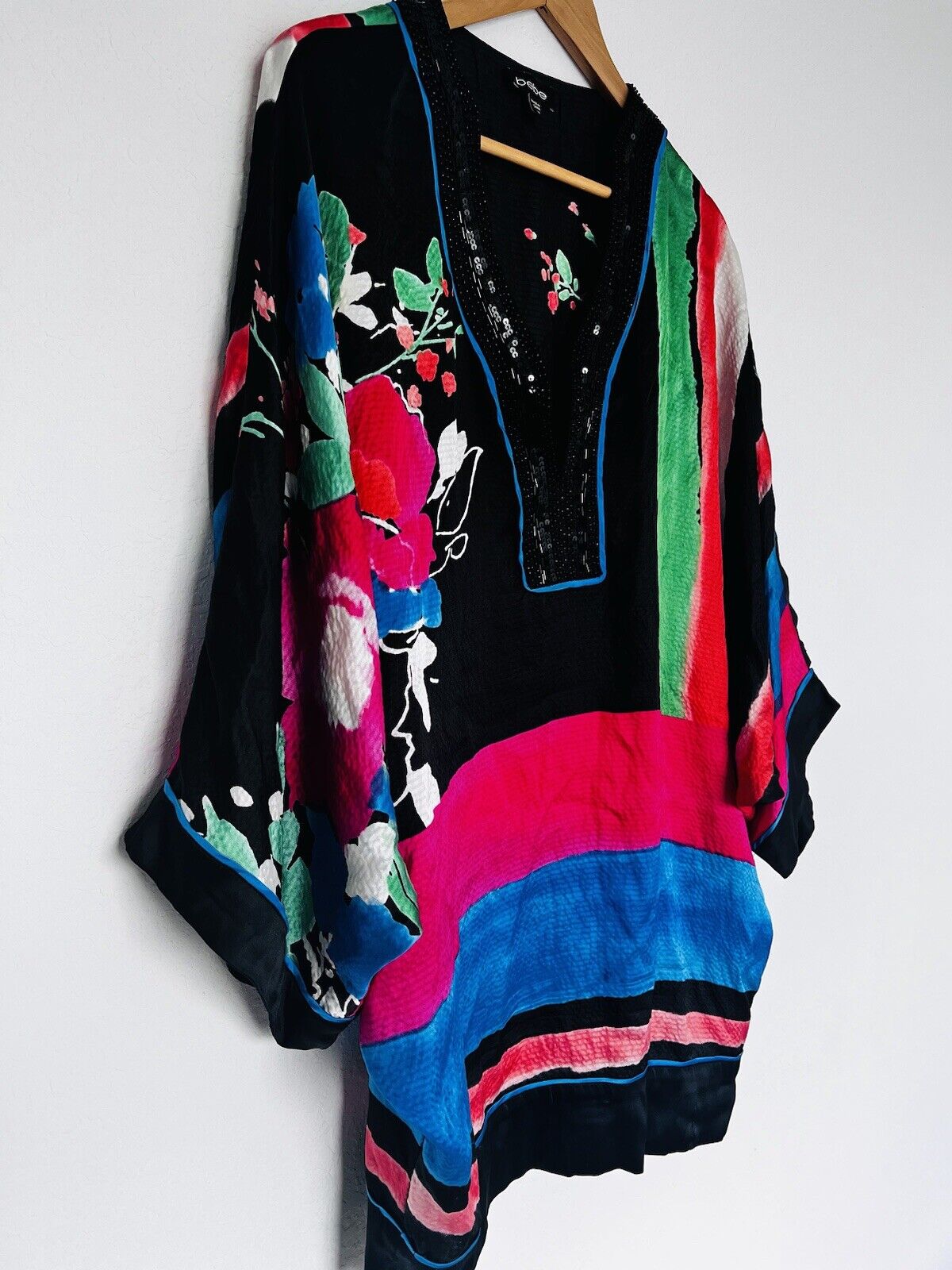 BEBE 100% Silk Embellished Tunic Dress  Sz MColorful Bat Sleeves Flowy Artsy 90s