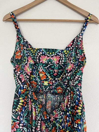OLD NAVY Midi Floral Multi-Color Dress L Back Hi-Low Hem Smock Empire Waist