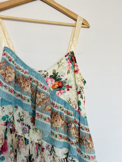 REFORMATION AMUR Silk Floral Slip Dress Sz 12 Asymmetrical Pleated Ruffle
