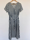 Faux Wrap Midi Dress Sz L Striped Blue/White Waist Tie Pockets 100% Rayon Woven