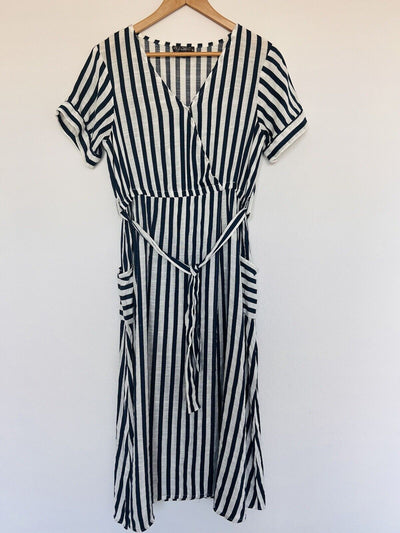 Faux Wrap Midi Dress Sz L Striped Blue/White Waist Tie Pockets 100% Rayon Woven