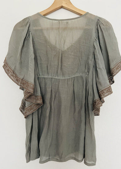 BLUE BIRD Embroidered Earthy Boho Blouse Sz S Flared Sleeves Tie Neck Flowy Top