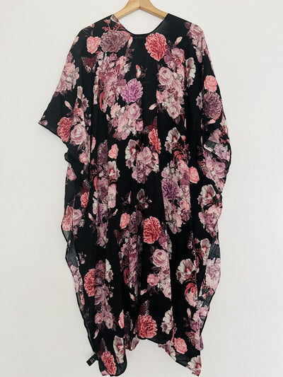 TORRID Black/Pink Floral Short Sleeve Kimono Sz 1/2 Open Front Boho Western