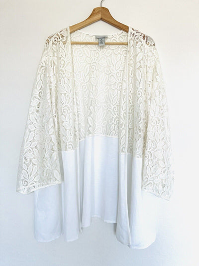 CATHERINES Open Front Blazer Jacket Size 4X Linen Blend Mix Media Lace Boho
