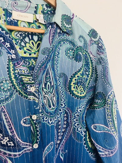 CHICO’S Paisley Blouse Sz Large Blue Lightweight Cotton Metallic Stripe Large